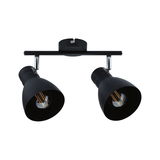 Schwarze Metall-Deckenleuchte mit zwei verstellbaren Spots und sichtbaren LED-Filamentlampen für Wohnräume