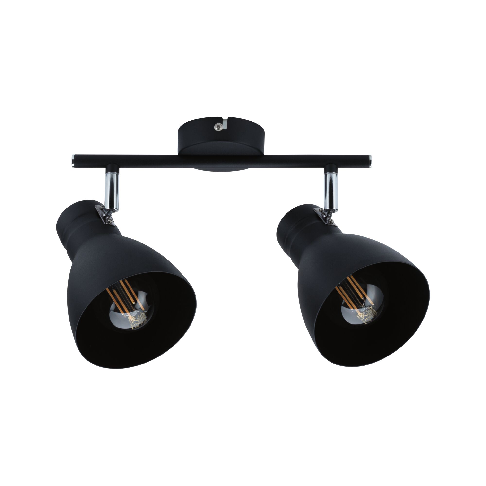 Black metal ceiling light with two adjustable spotlights and visible LED filament bulbs for living spaces