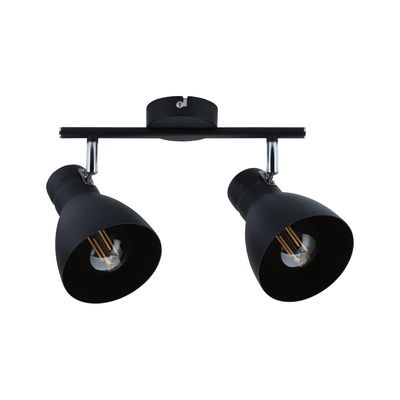 Zwarte metalen plafondlamp met twee verstelbare spots en zichtbare LED-filamentlampen voor woonruimtes