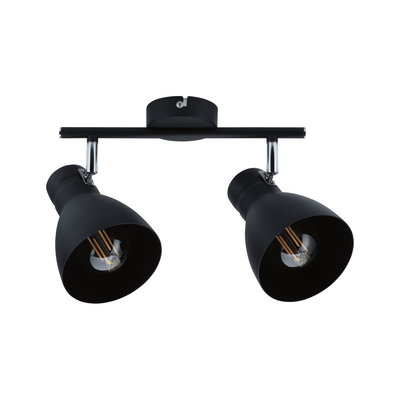 Schwarze Metall-Deckenleuchte mit zwei verstellbaren Spots und sichtbaren LED-Filamentlampen für Wohnräume