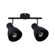 Black metal ceiling light with two adjustable spotlights and visible LED filament bulbs for living spaces