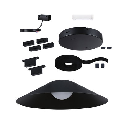 Black metal pendant lamp set with cable and mounting accessories for modern indoor lighting.
