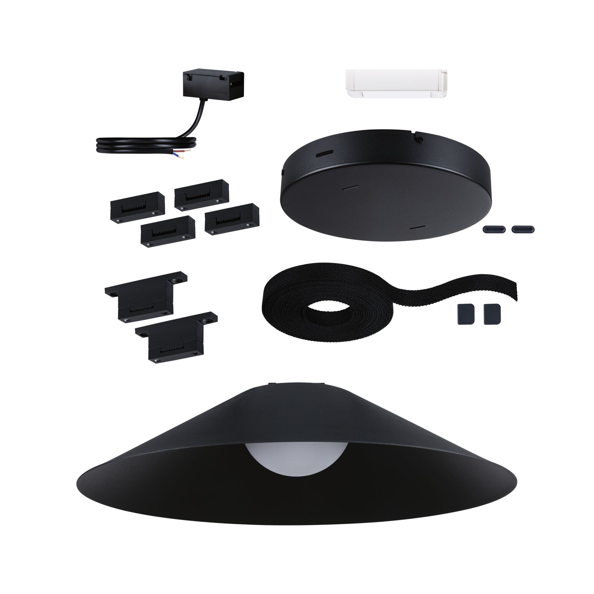 Schwarzes Metall-Pendelleuchten-Set mit Kabel und Montagezubehör für moderne Innenbeleuchtung.