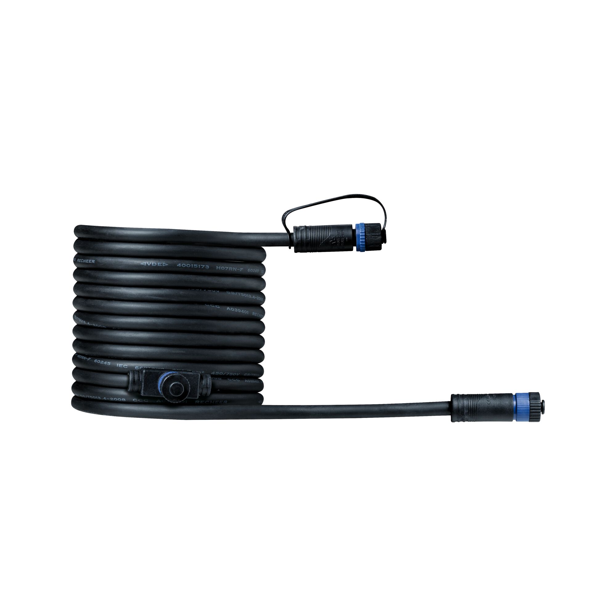 Black extension cable with waterproof connectors for outdoor lighting and LED systems
