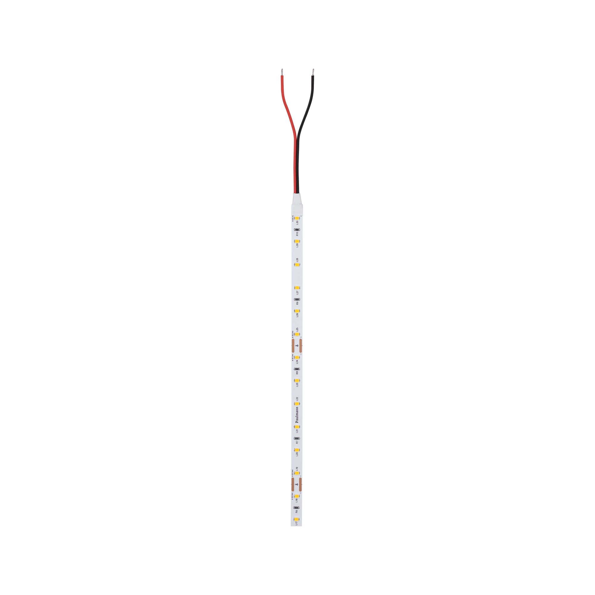 LED strip with white LEDs and red and black wires for flexible lighting applications