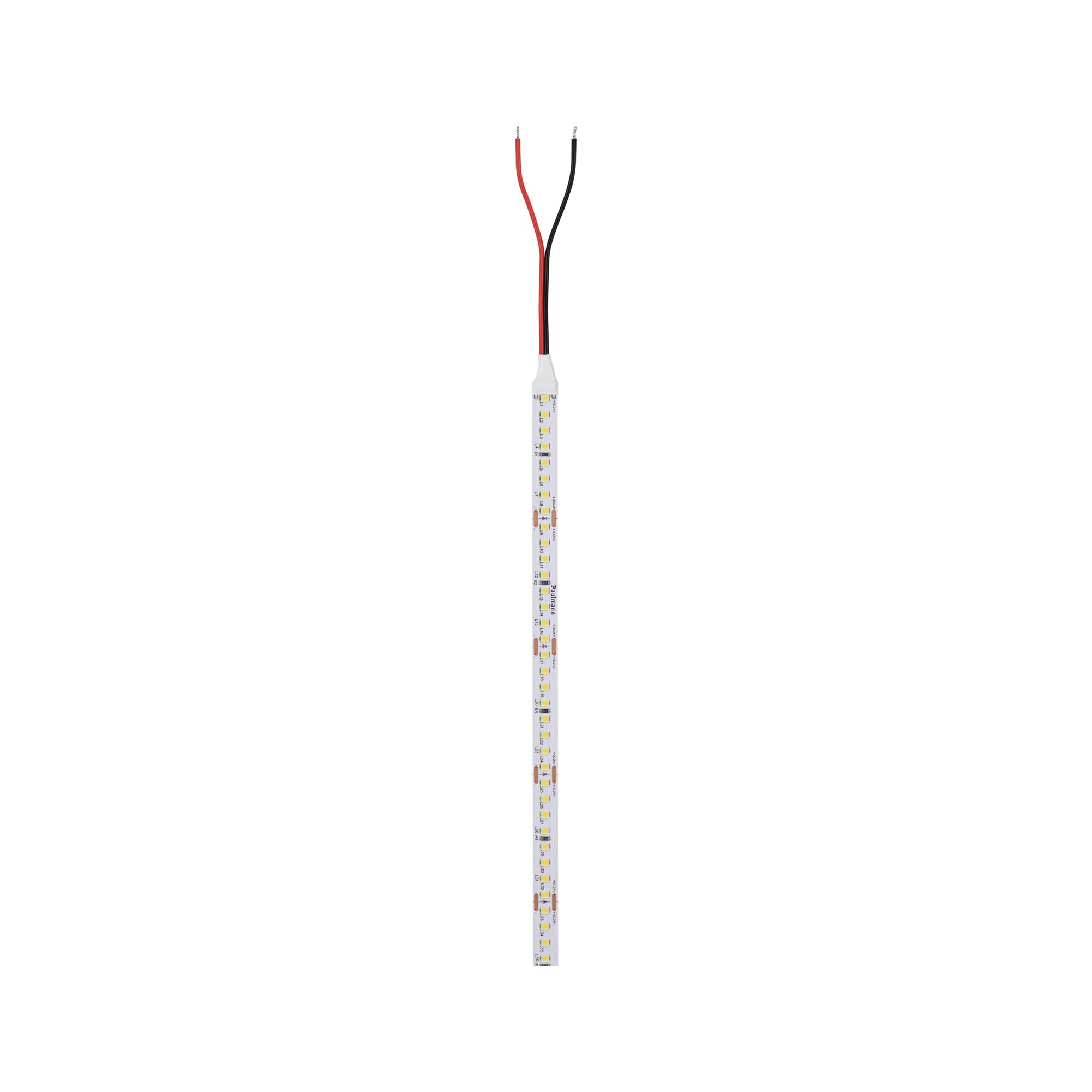 Slim LED strip with white LEDs and red and black wires for versatile lighting solutions.