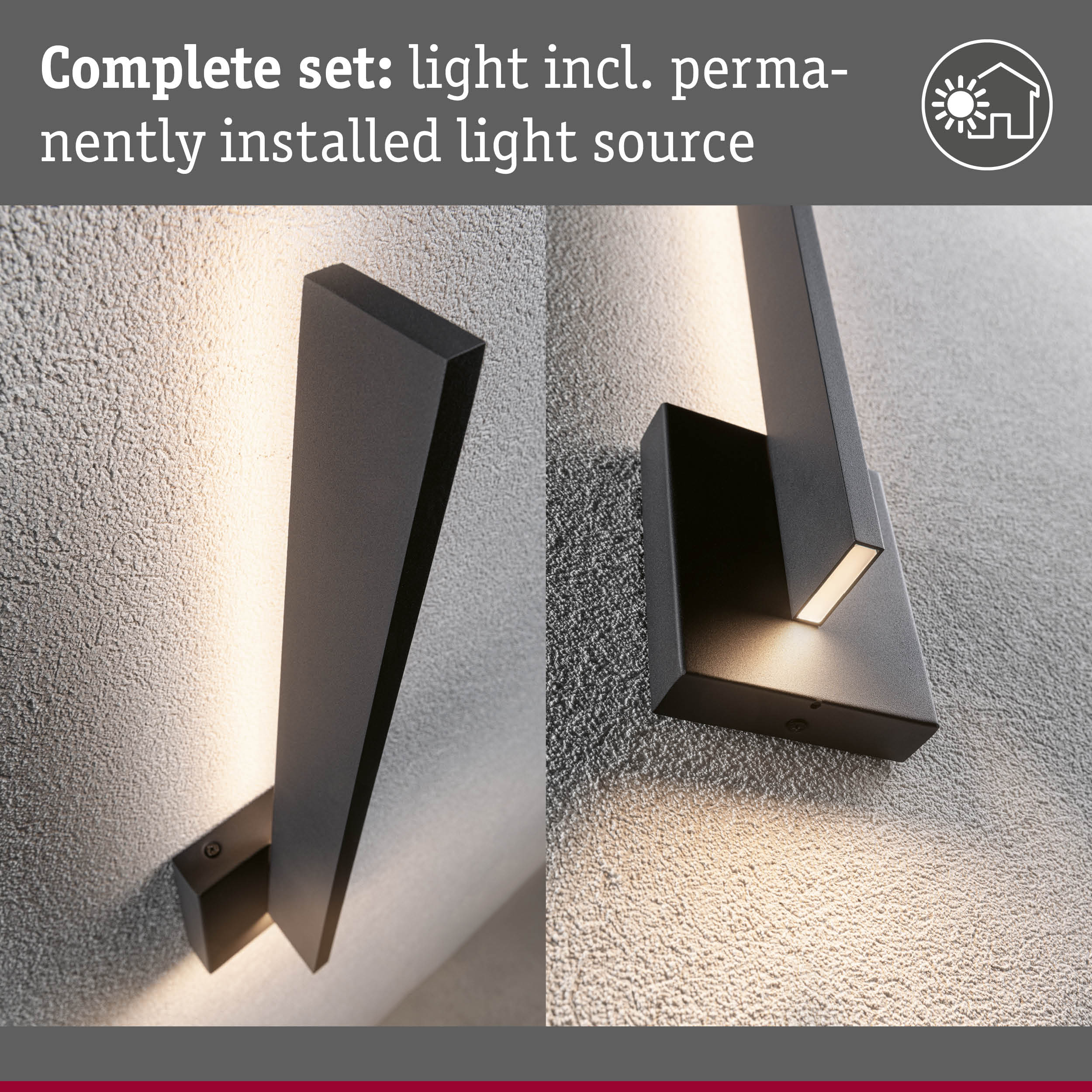 Black metal LED wall light with built-in light source for modern outdoor lighting