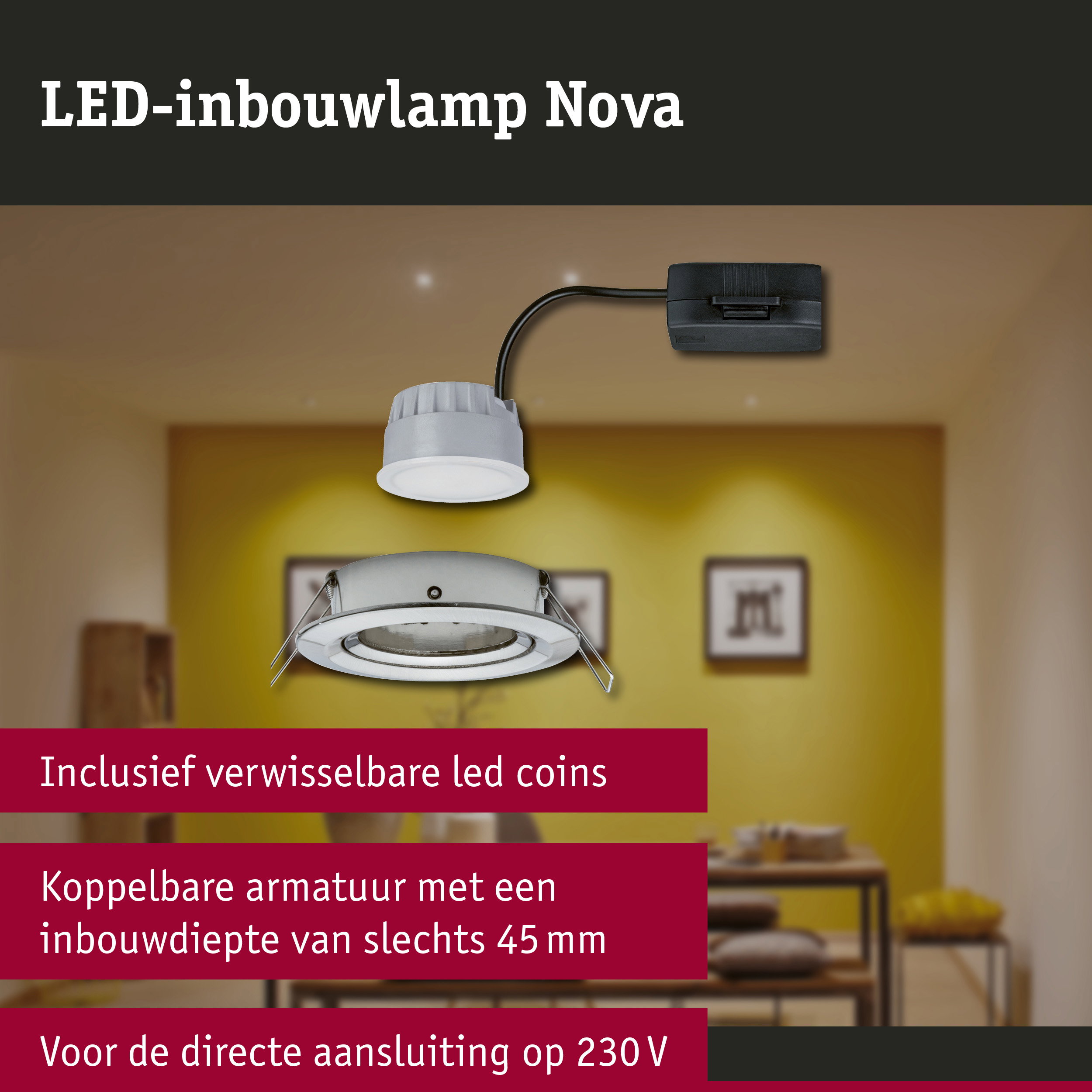LED-inbouwlamp 3-Step-Dim Nova Coin zwenkbaar rond 84mm 50° Coin 6W 470lm 230V dimbaar 2700K Staal geborsteld