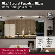 Spots URail noirs modernes et suspension Pendulum Hildor dans cuisine avec panneaux en bois