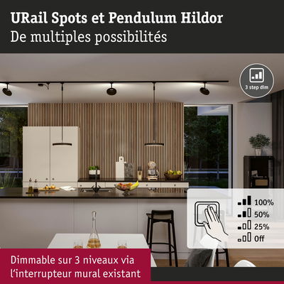 Cuisine moderne avec spots URail et Pendulum Hildor noirs dimmables, variation sur 3 niveaux par interrupteur mural