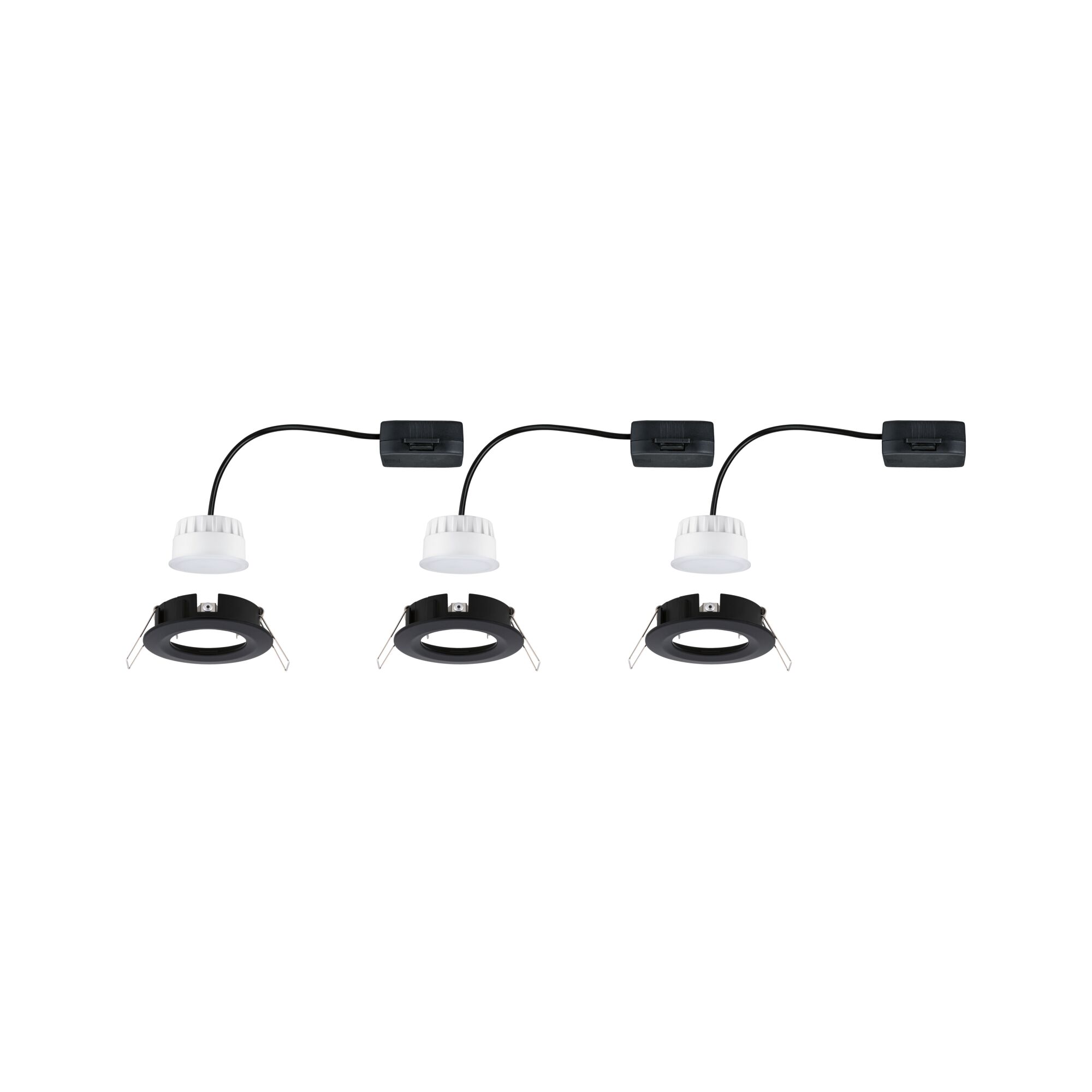 Three black recessed frames with white LED modules and cables for modern LED downlights.