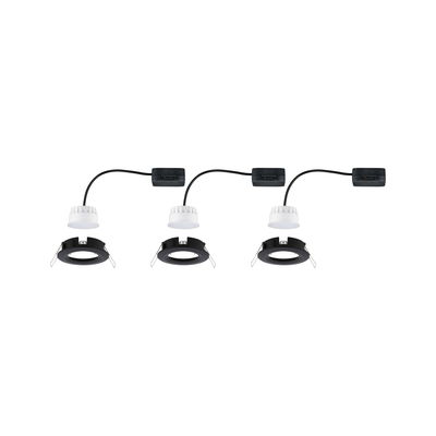 Three black recessed frames with white LED modules and cables for modern LED downlights.