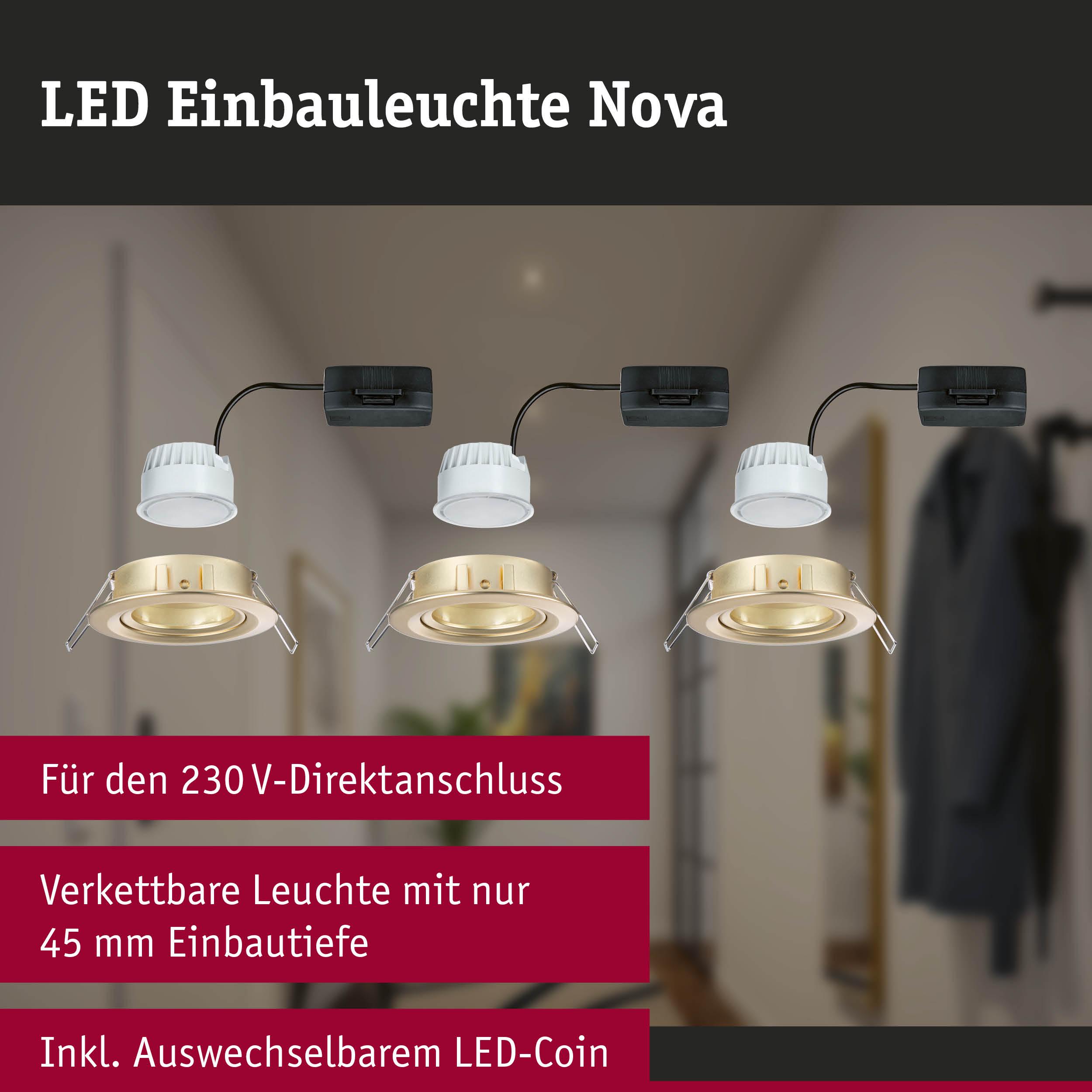 LED Einbauleuchte Nova in Gold mit 230V Direktanschluss und wechselbarem LED-Coin für flache Decken.