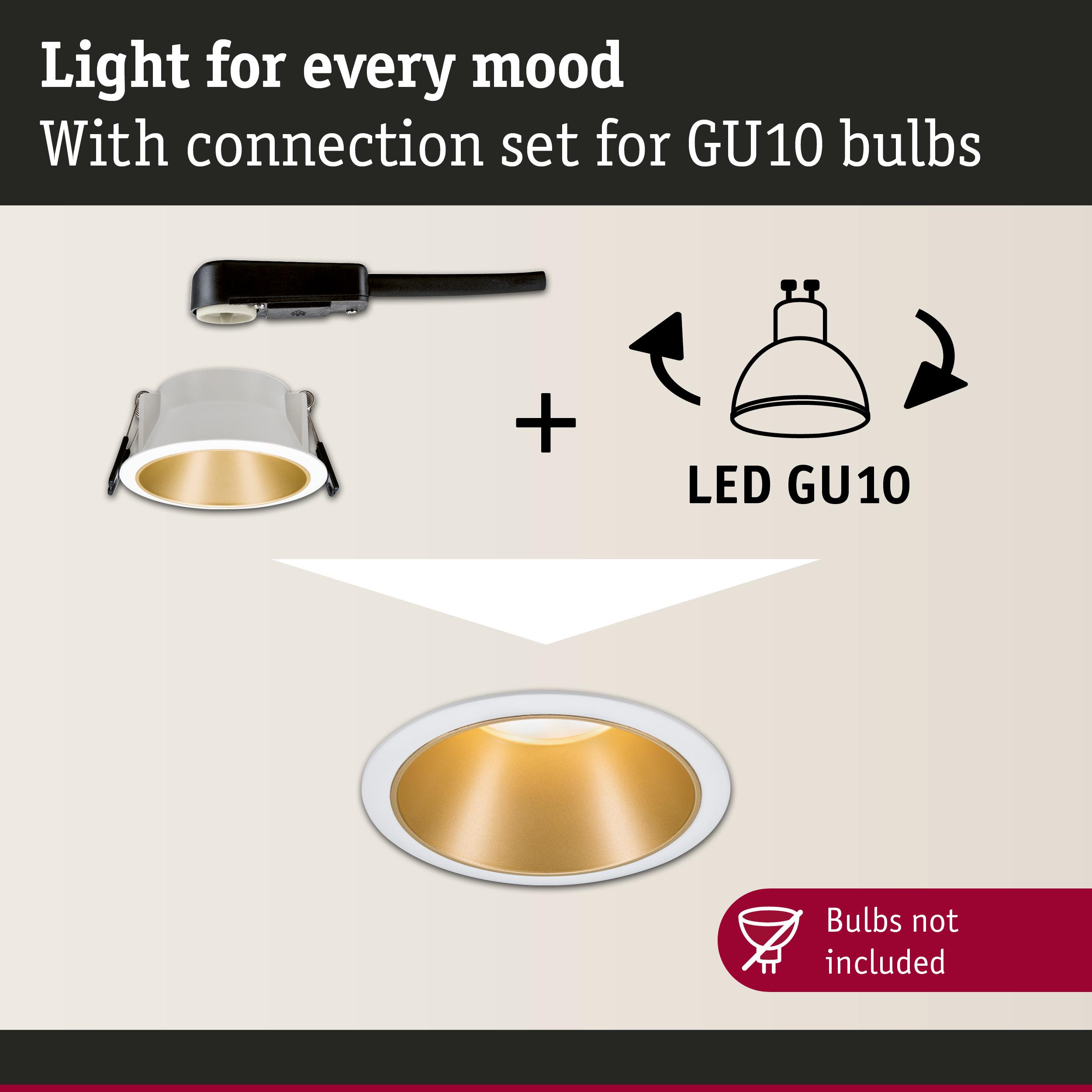 Recessed spotlight with white frame and gold reflector for GU10 LED bulbs, bulbs not included