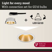 White recessed spotlight with gold reflector and connection set for LED GU10 bulbs