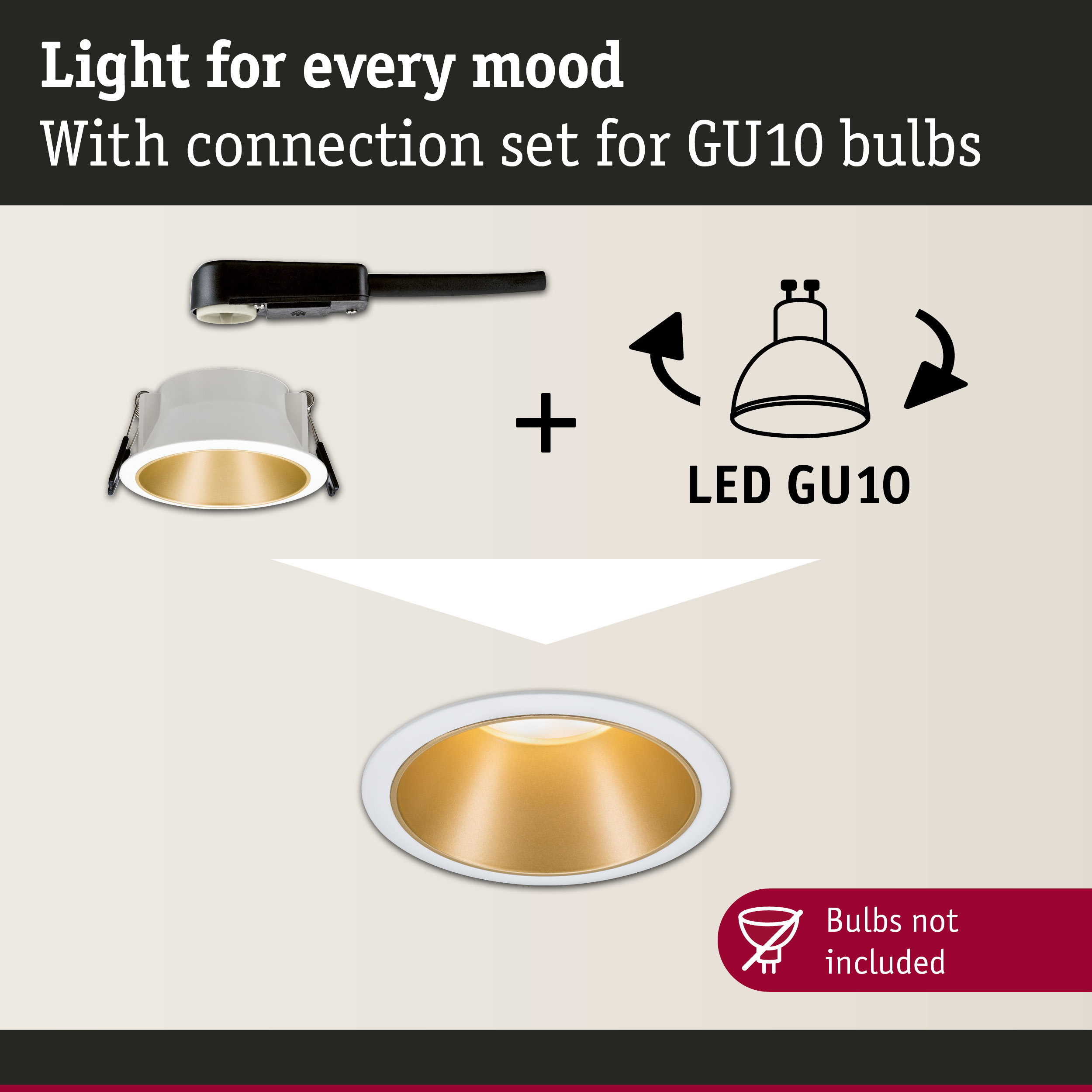 White recessed spotlight with gold reflector and connection set for LED GU10 bulbs