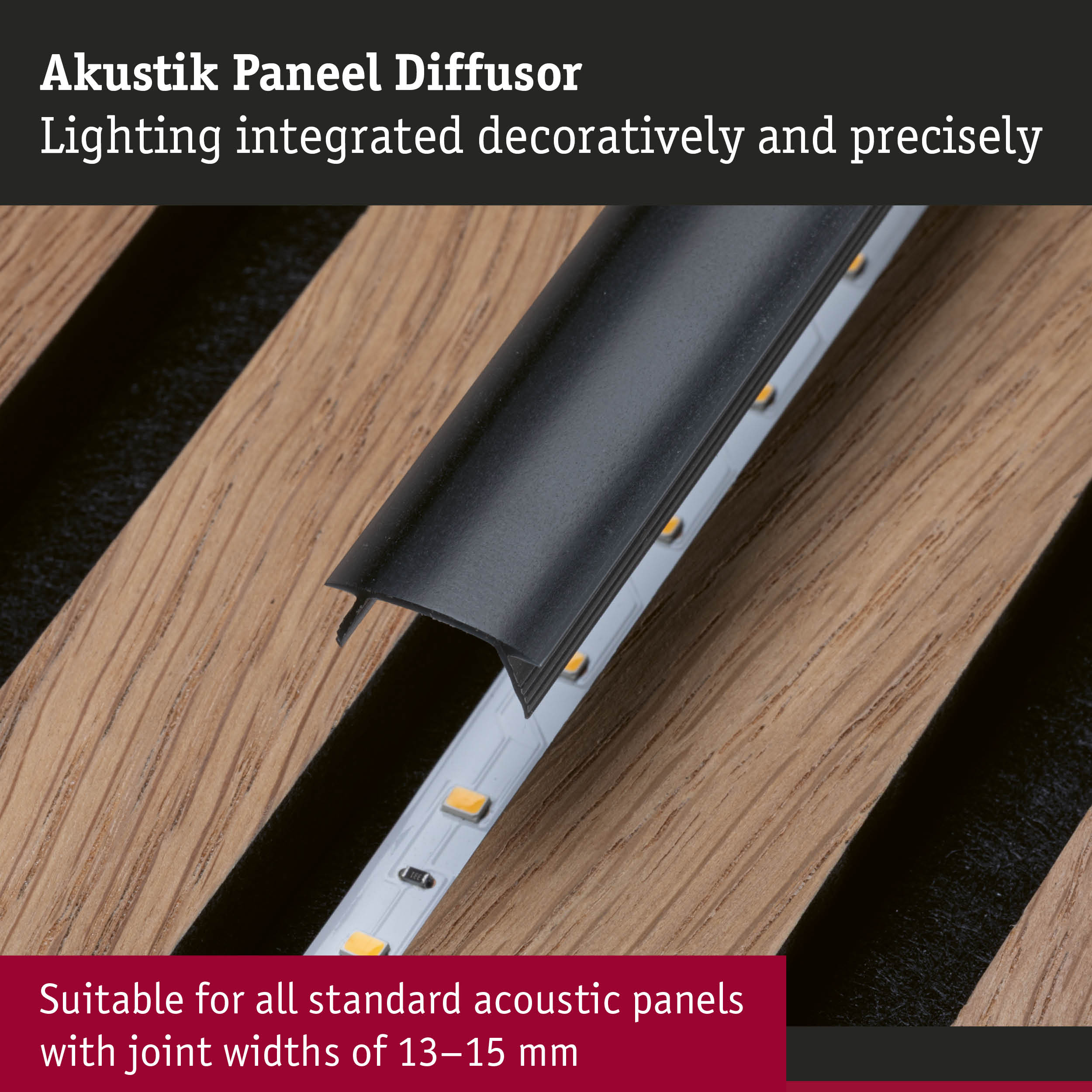 Black acoustic panel diffusor with integrated LED lighting mounted on wooden surface for acoustic panels