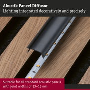 Black acoustic panel diffusor with integrated LED lighting mounted on wooden surface for acoustic panels