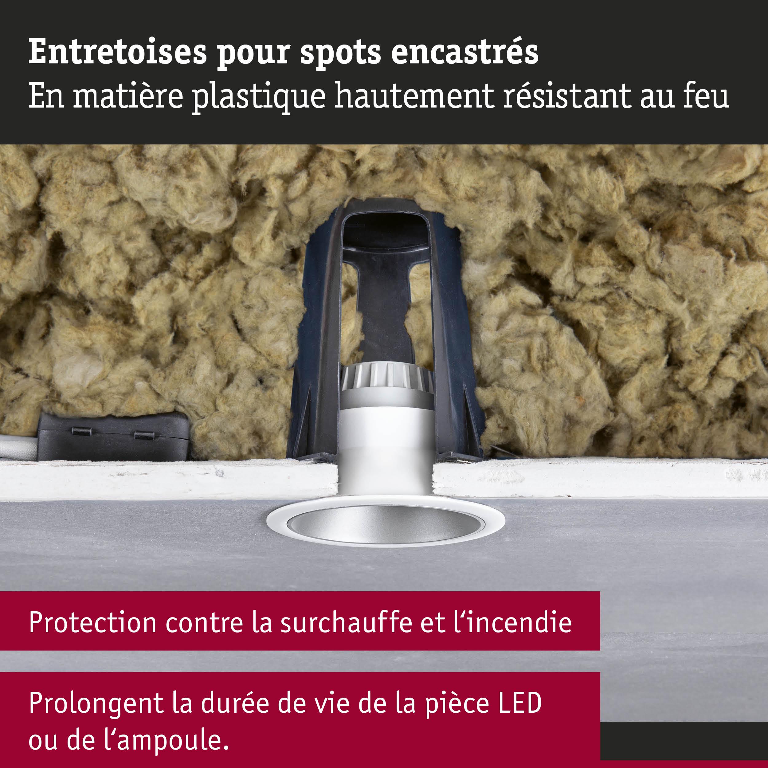 Entretoises en plastique ignifuge pour spots encastrés avec isolation et protection LED