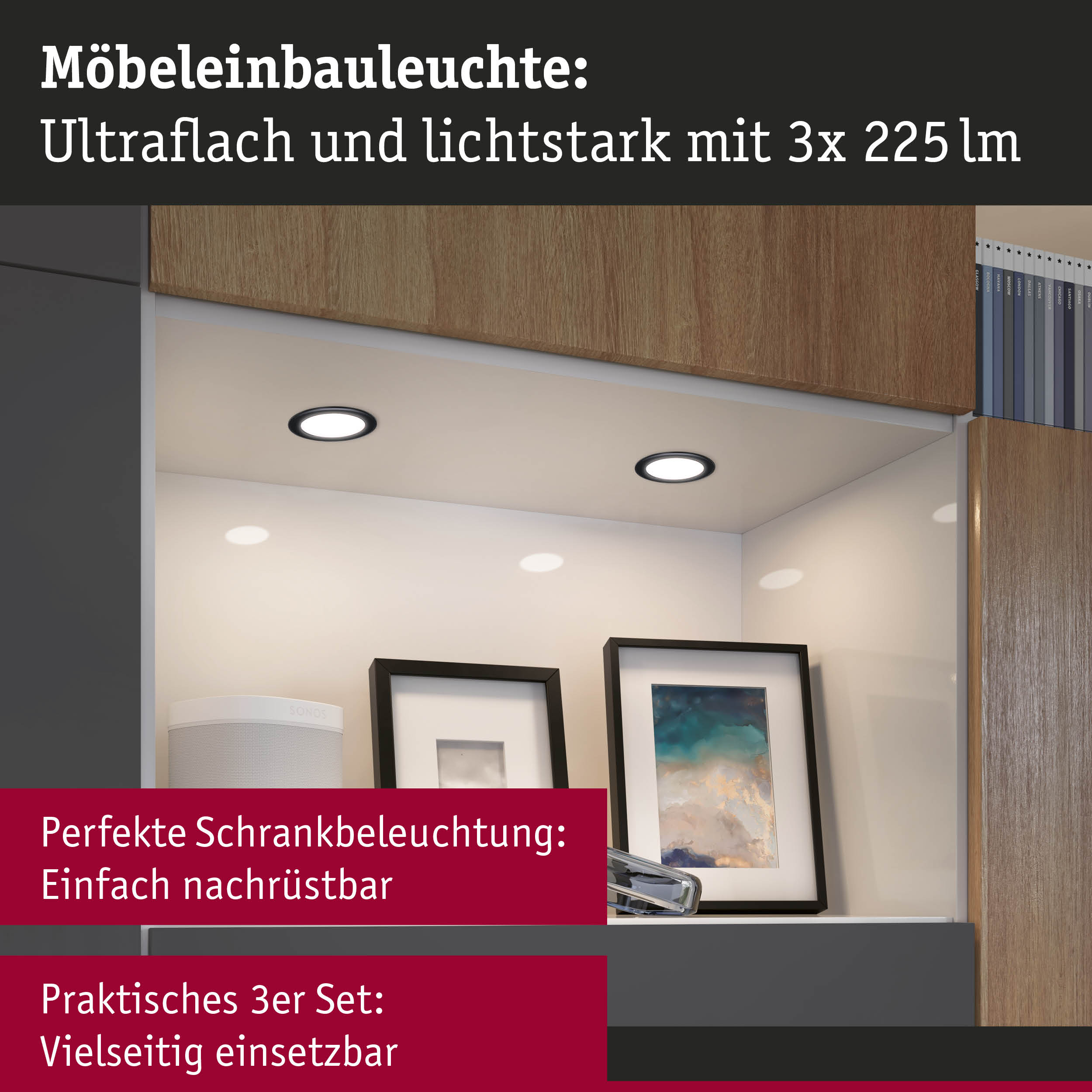 Ultradünne Möbel-Einbauleuchte mit 3x 225 Lumen in Schwarz für vielseitige Schrankbeleuchtung