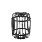 Black metal outdoor solar lamp with cage design and visible LED bulb for garden lighting
