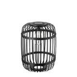 Lampe solaire extérieure noire en métal avec design en cage et ampoule LED visible pour éclairage de jardin