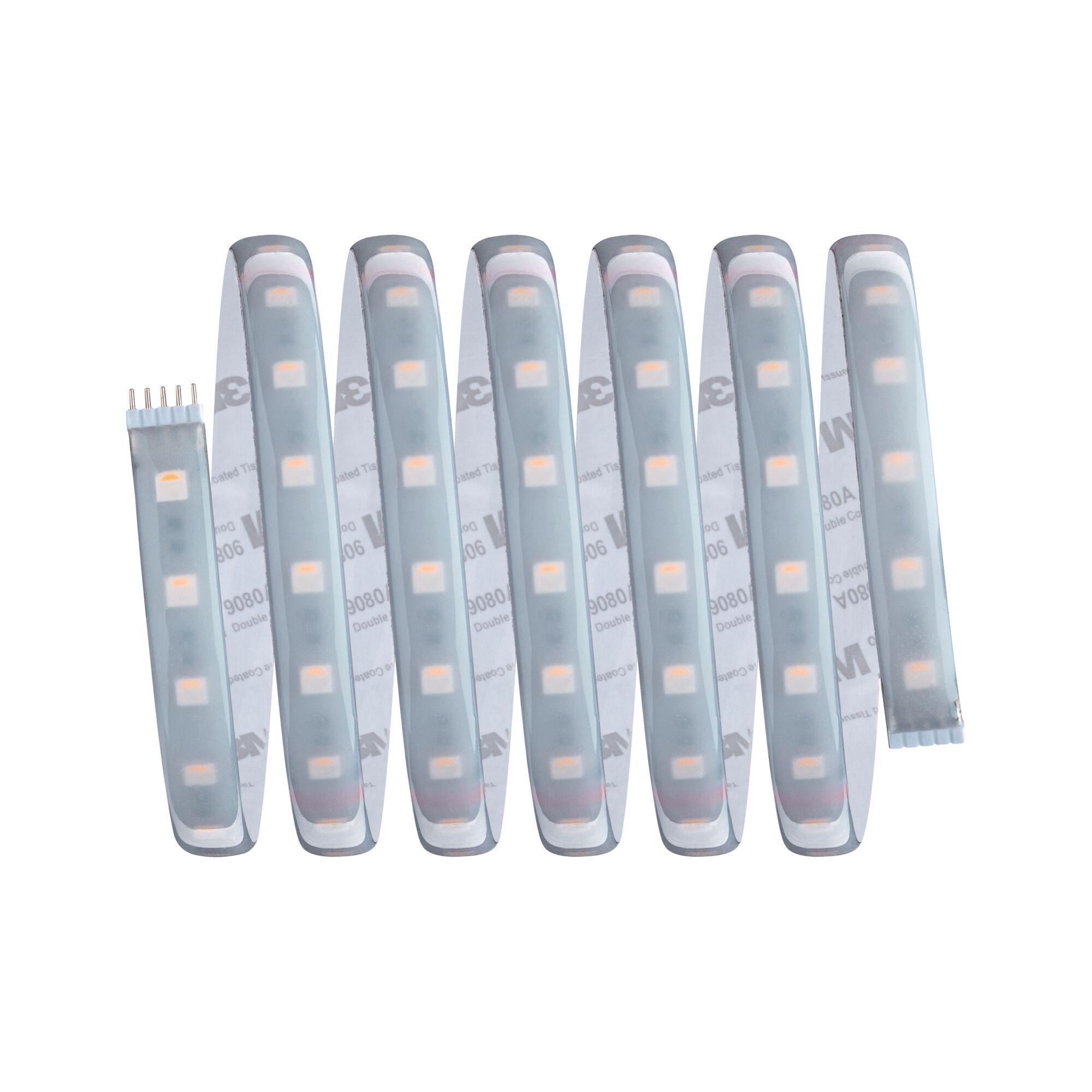 Flexibler LED-Lichtstreifen mit weißen LEDs und selbstklebender Rückseite für vielseitige Beleuchtung.