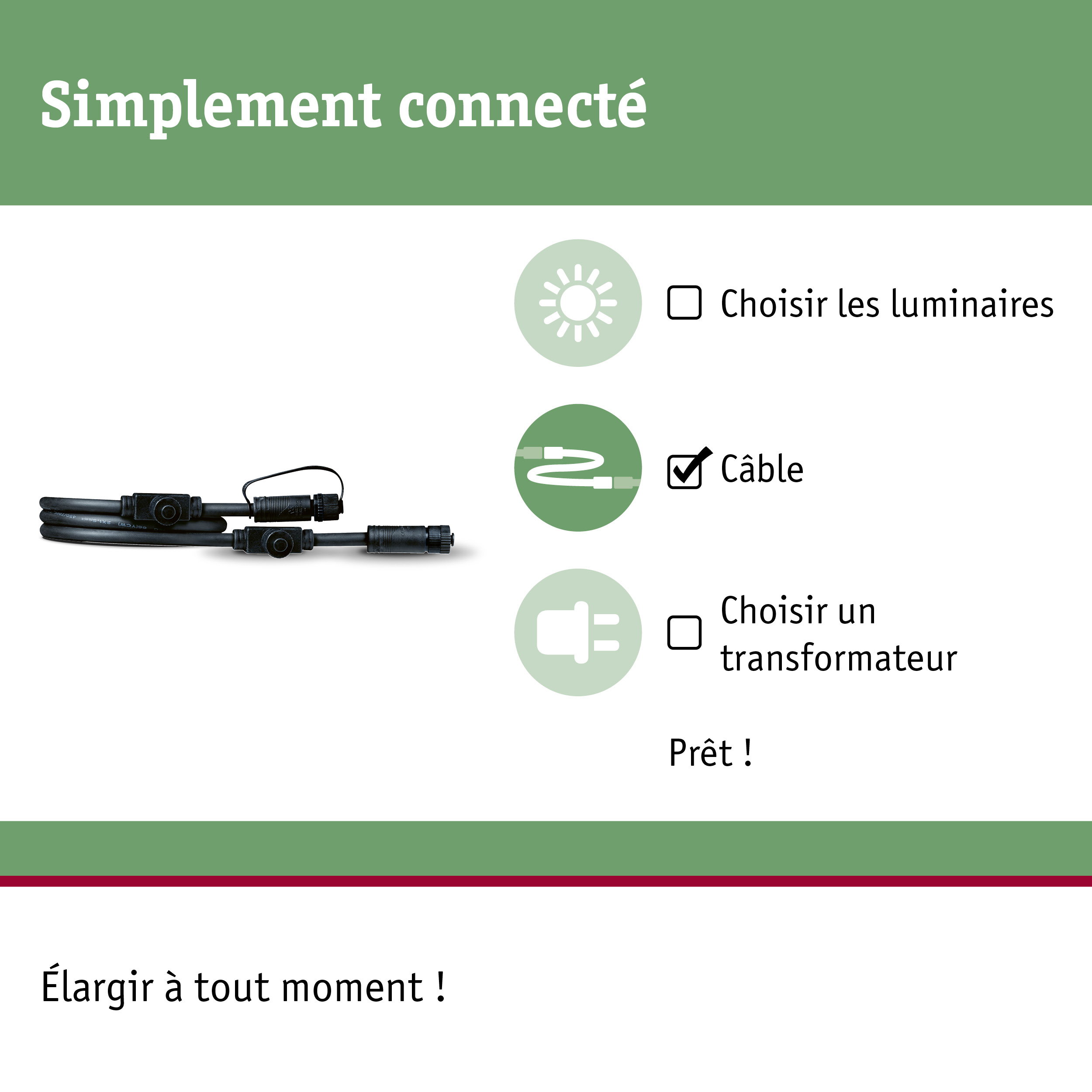 Câble de connexion noir avec connecteurs pour systèmes d'éclairage LED, matériau flexible