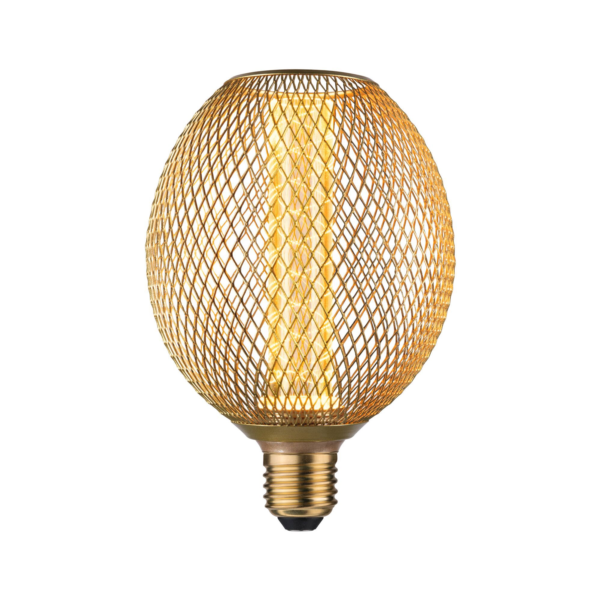 Gold LED bulb with decorative metal mesh for stylish lighting and modern home decor