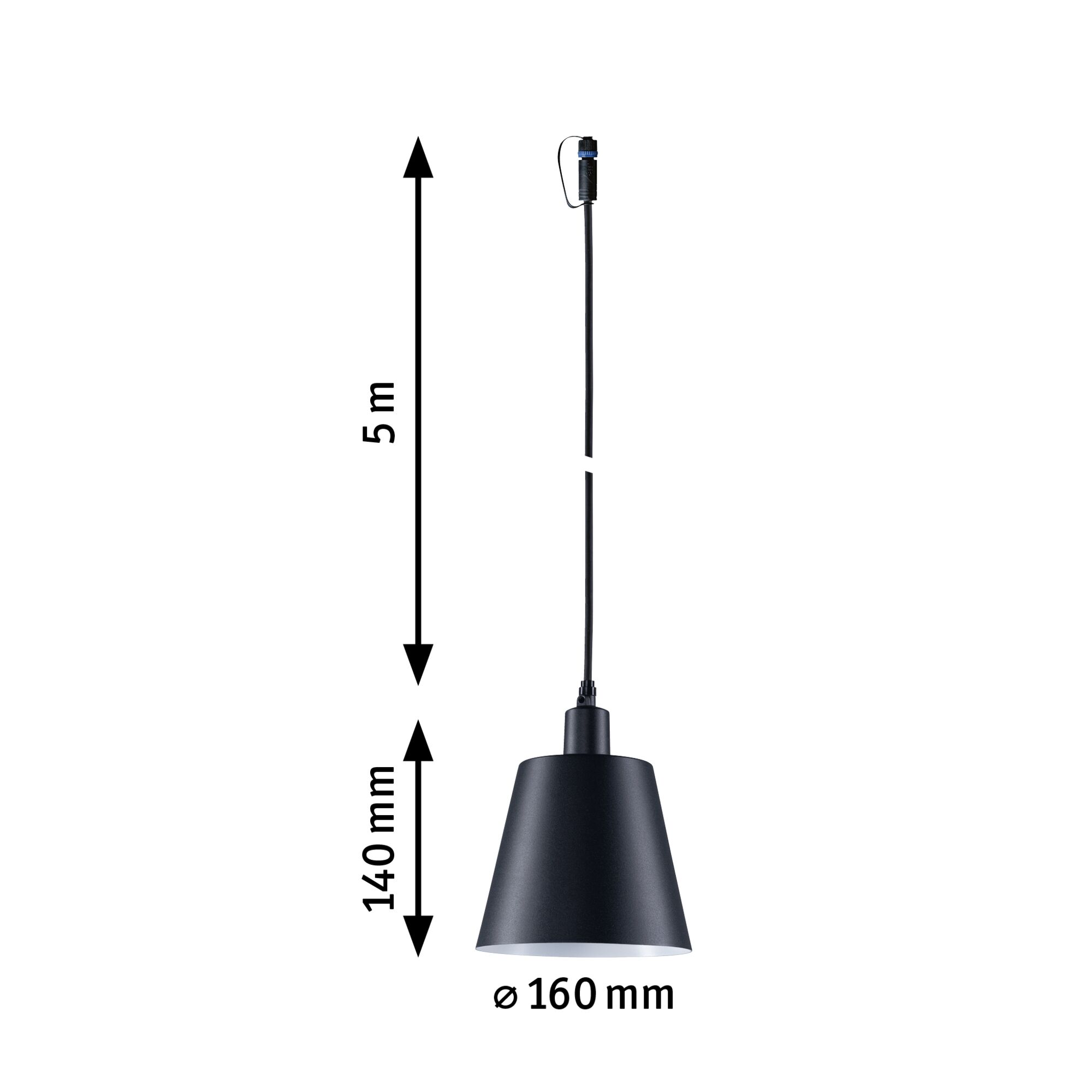 Schwarze Pendelleuchte aus Metall mit 5 m Kabel und 160 mm Durchmesser für moderne Innenbeleuchtung