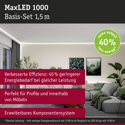 MaxLED 1000 LED-Lichtleiste 1,5 m mit 40% weniger Energieverbrauch für Möbelprofile