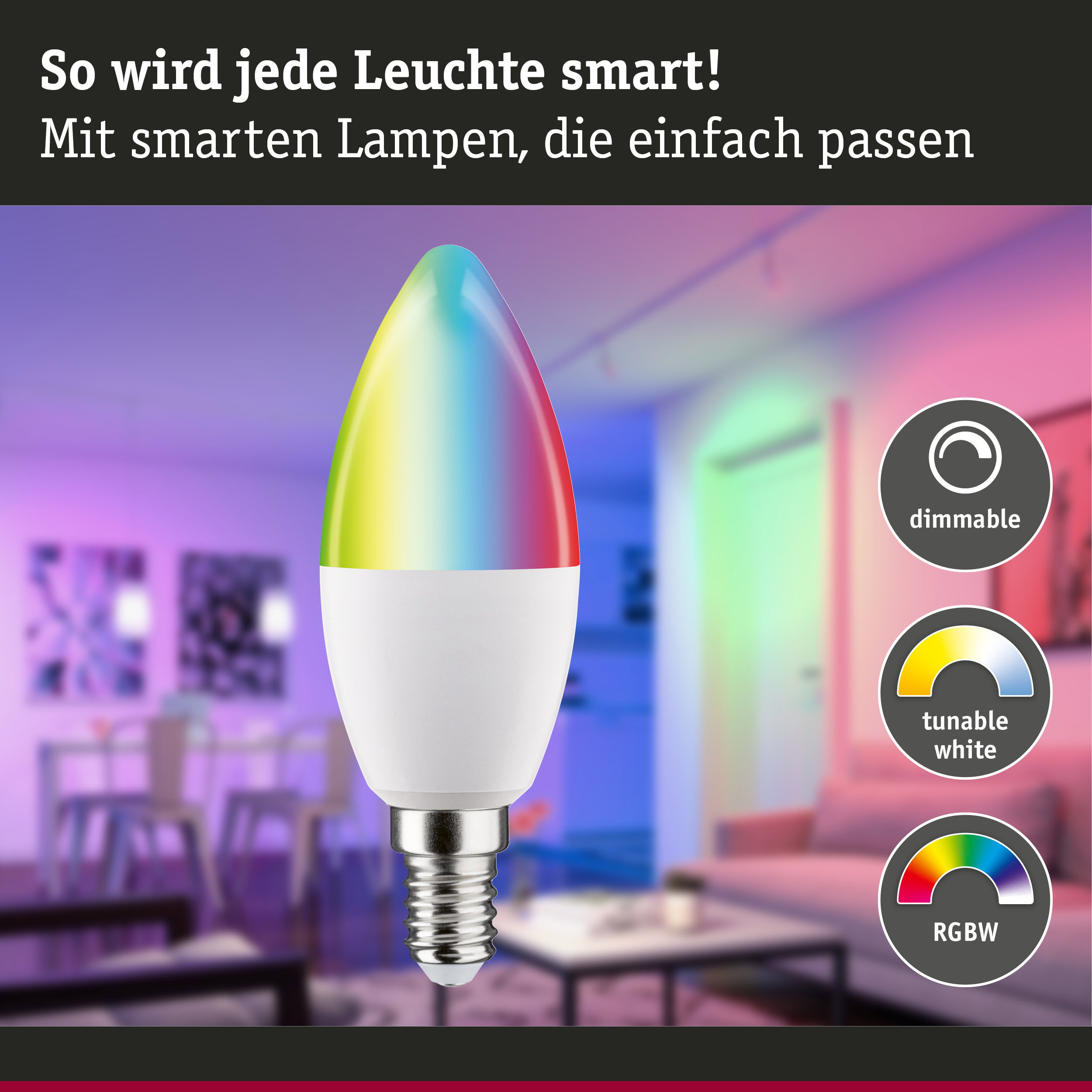 Bunte smarte LED-Lampe mit E14-Fassung, dimmbar und farbwechselnd für modernes Wohnambiente