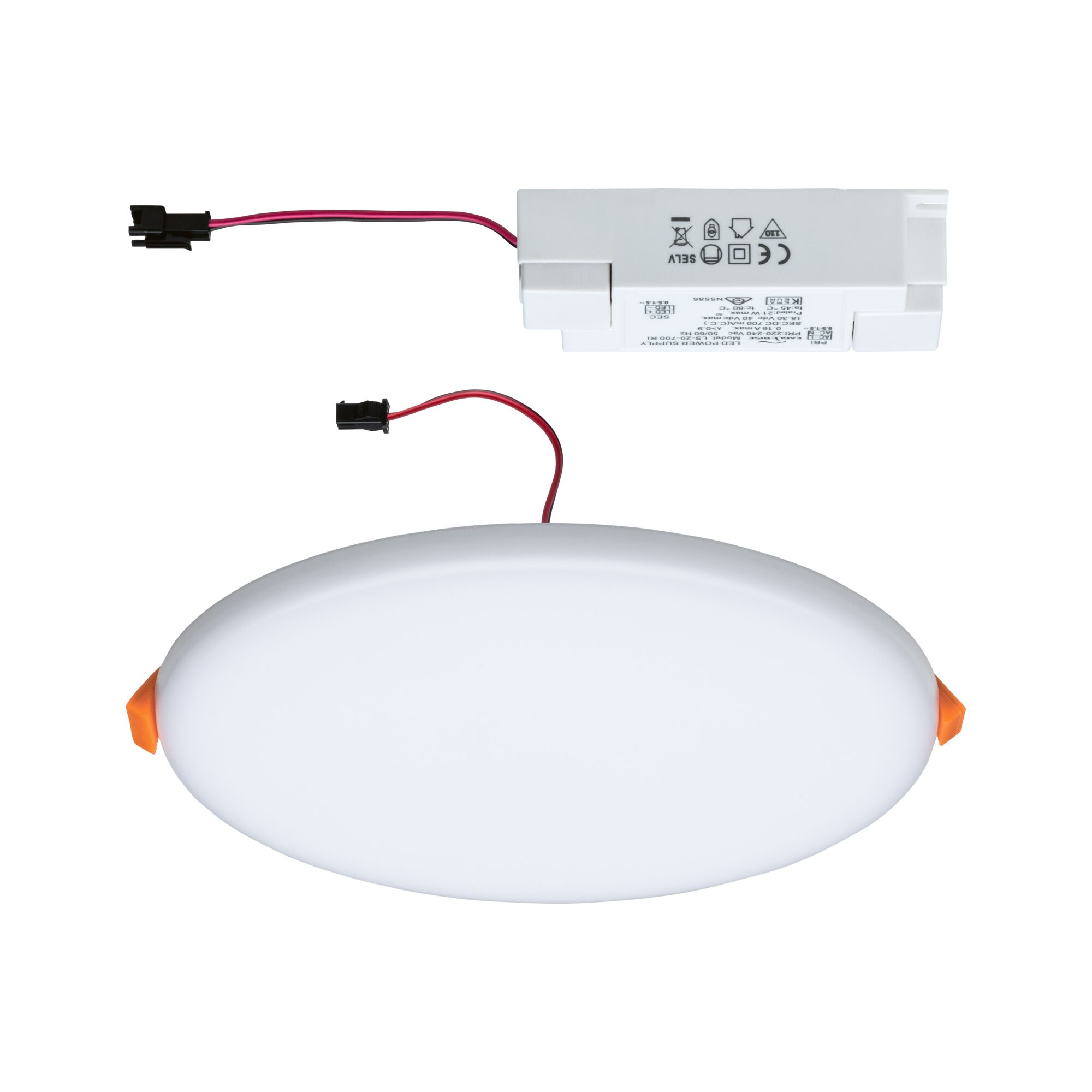 Round white LED recessed panel with connector cable and white power supply for energy-efficient lighting