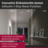 Innovative Einbauleuchte Aumus mit 3-Stufen-Dimmfunktion zeigt Lichtintensität in modernem Raum.