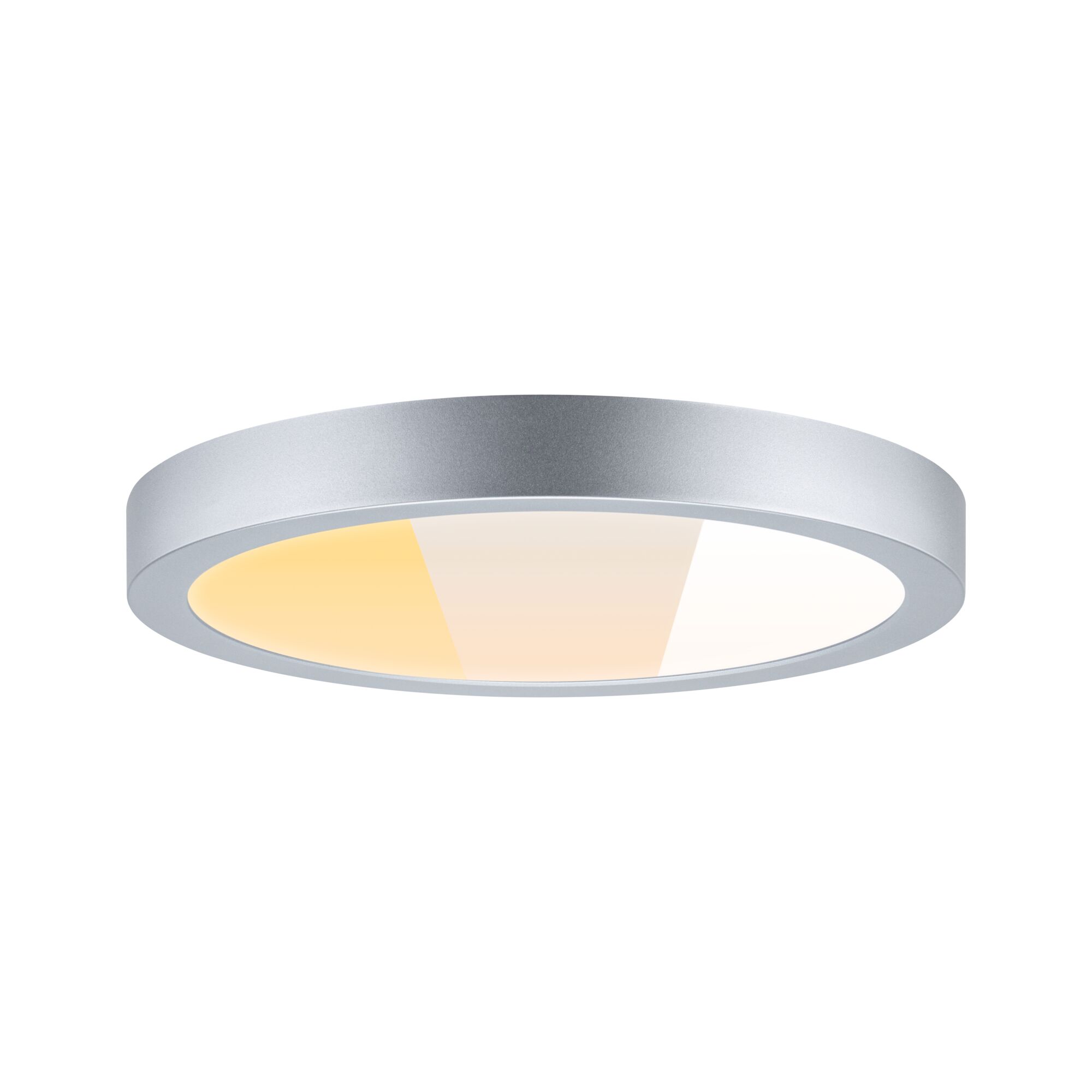Runde Deckenleuchte aus silbernem Aluminium mit warmweißem LED-Licht für moderne Innenräume