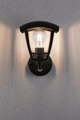 Black metal outdoor wall light with clear glass and visible bulb, energy-saving lighting solution.