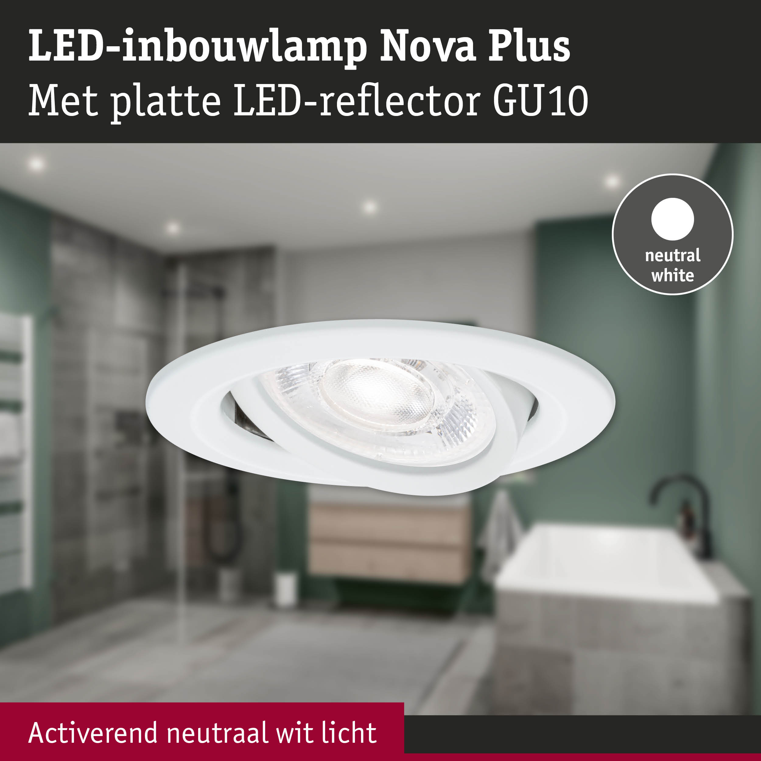 Witte LED-inbouwlamp Nova Plus met platte LED-reflector en neutraal wit licht voor moderne ruimtes