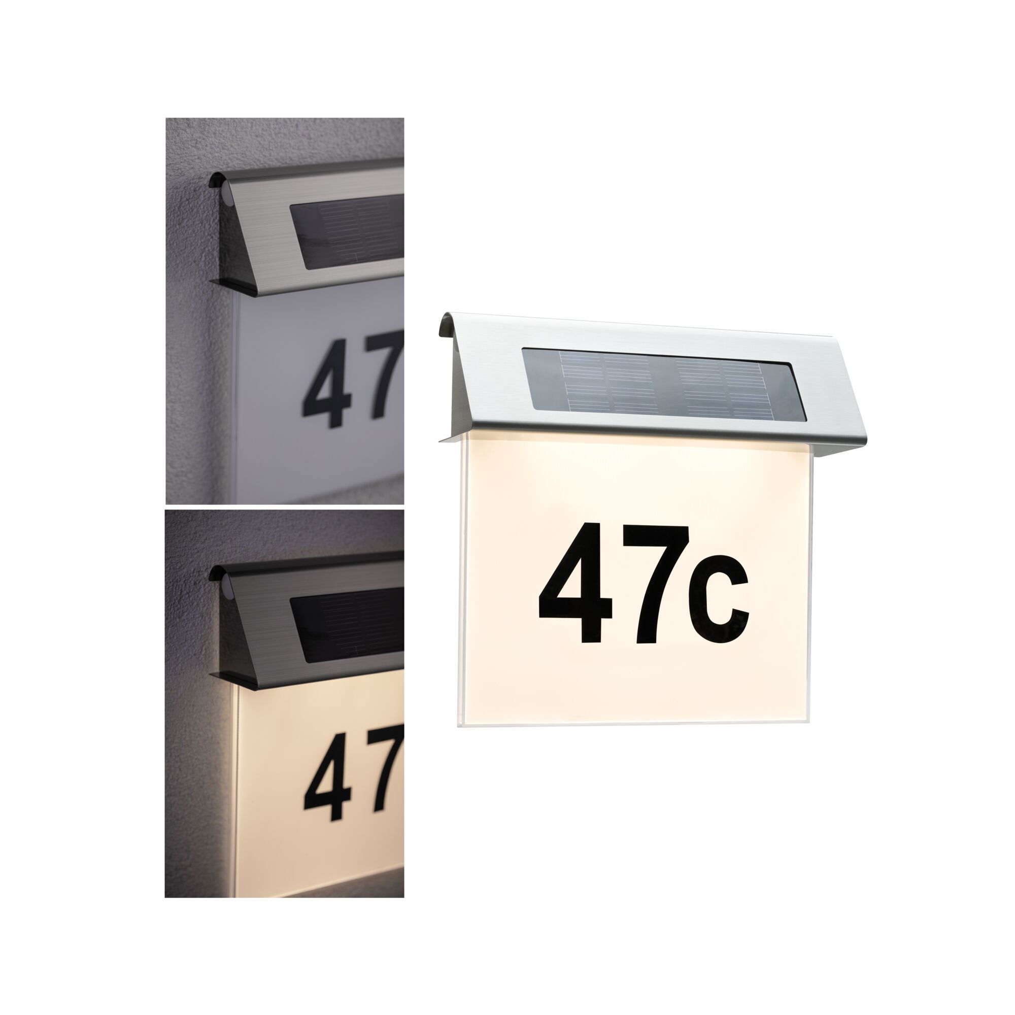 Stainless steel solar house number light with illuminated white panel and black number 47c for outdoor use.