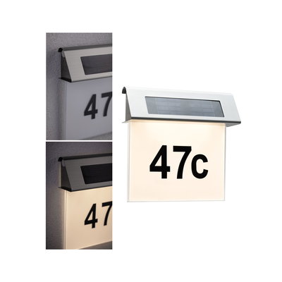 Stainless steel solar house number light with illuminated white panel and black number 47c for outdoor use.
