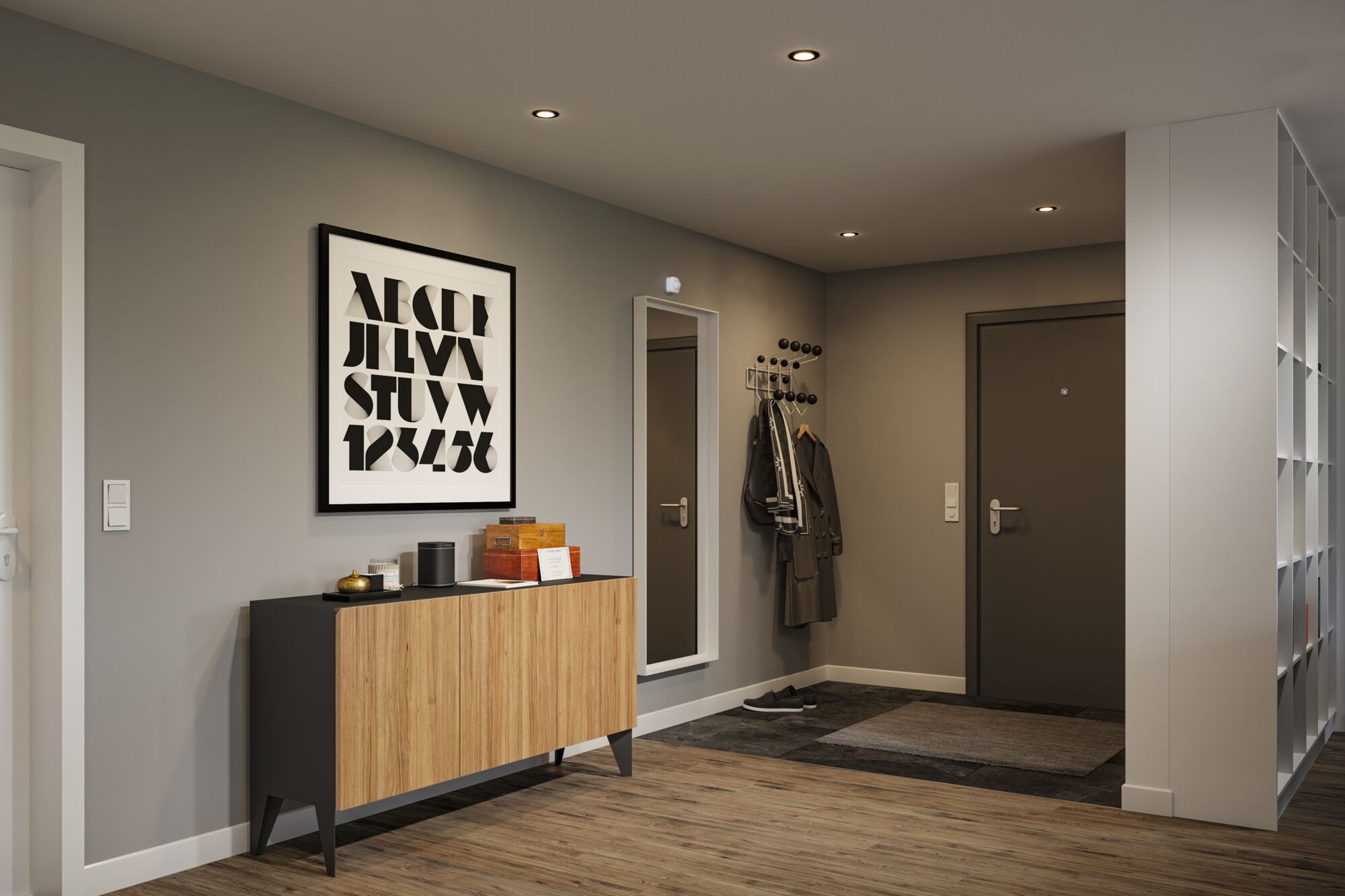 Moderner Flur mit Holzsideboard, grauer Wand und schwarzen Einbaustrahlern für stilvolle Beleuchtung
