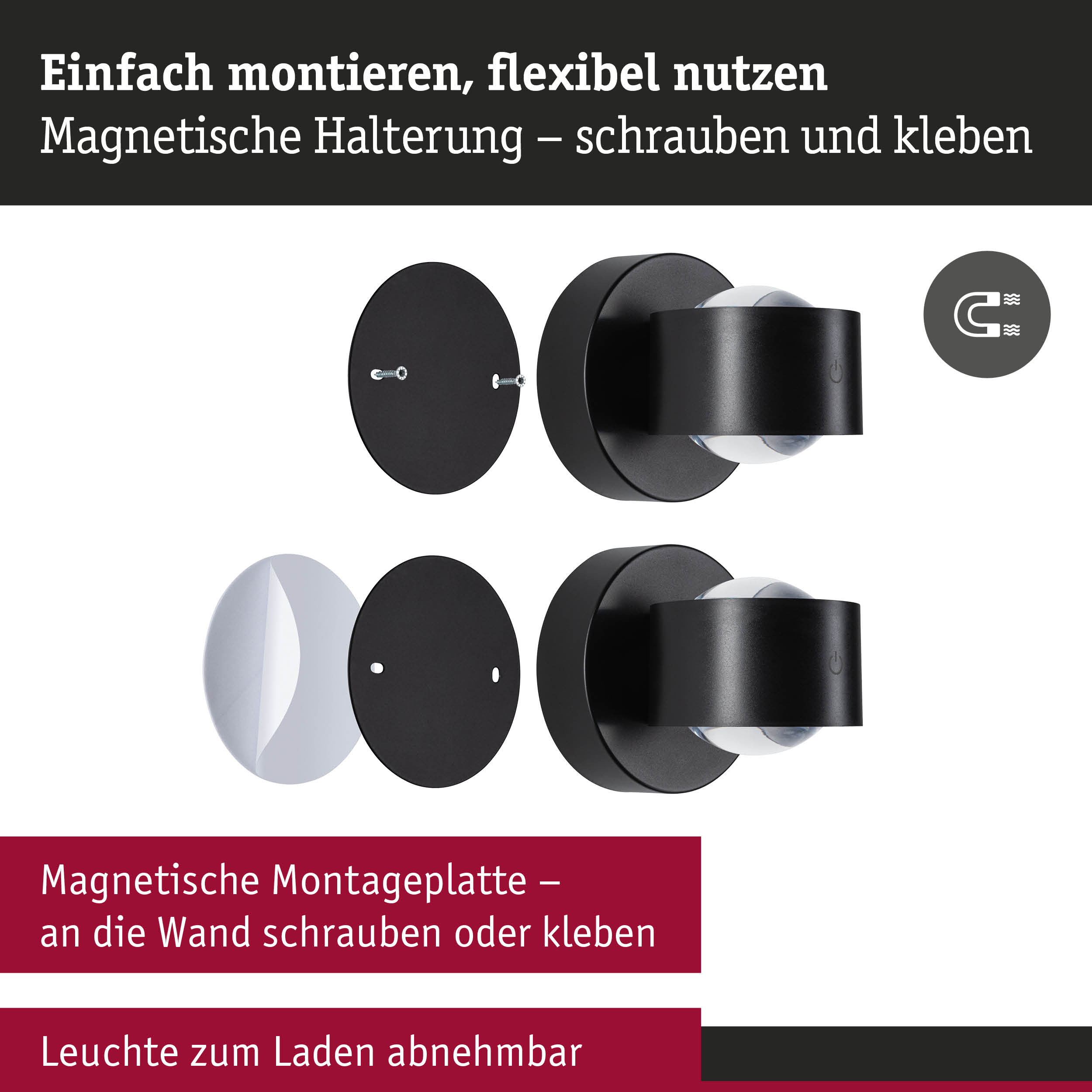 Schwarze magnetische Halterung mit Montageplatte zum Schrauben oder Kleben für flexible Beleuchtung.