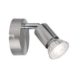 Modern LED wall spotlight in brushed stainless steel with adjustable head and clear glass lens.