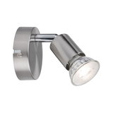 Moderne LED-væglampe i børstet rustfrit stål med justerbar spot og klart glas.