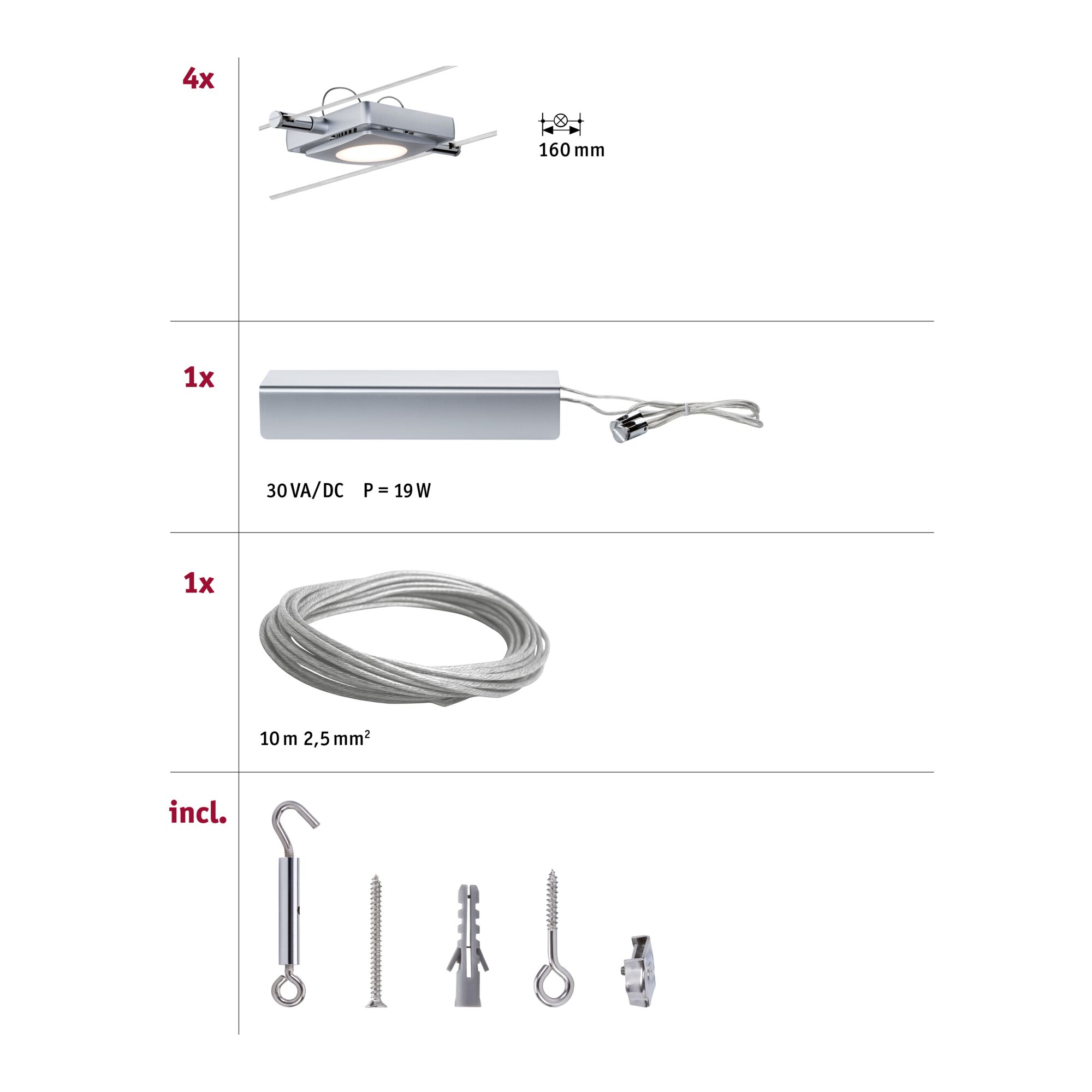 Assembly overview with 4 silver LED lights, 19W transformer, 10m steel cable, and mounting hardware for cable system.