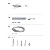 Montageübersicht mit 4 silbernen LED-Leuchten, 19W Trafo, 10m Stahlseil und Befestigungsmaterial für Seilsystem.