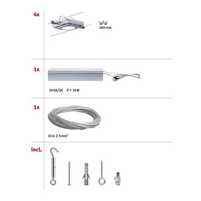 Montageübersicht mit 4 silbernen LED-Leuchten, 19W Trafo, 10m Stahlseil und Befestigungsmaterial für Seilsystem.