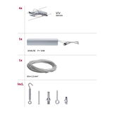 Assembly overview with 4 silver LED lights, 19W transformer, 10m steel cable, and mounting hardware for cable system.