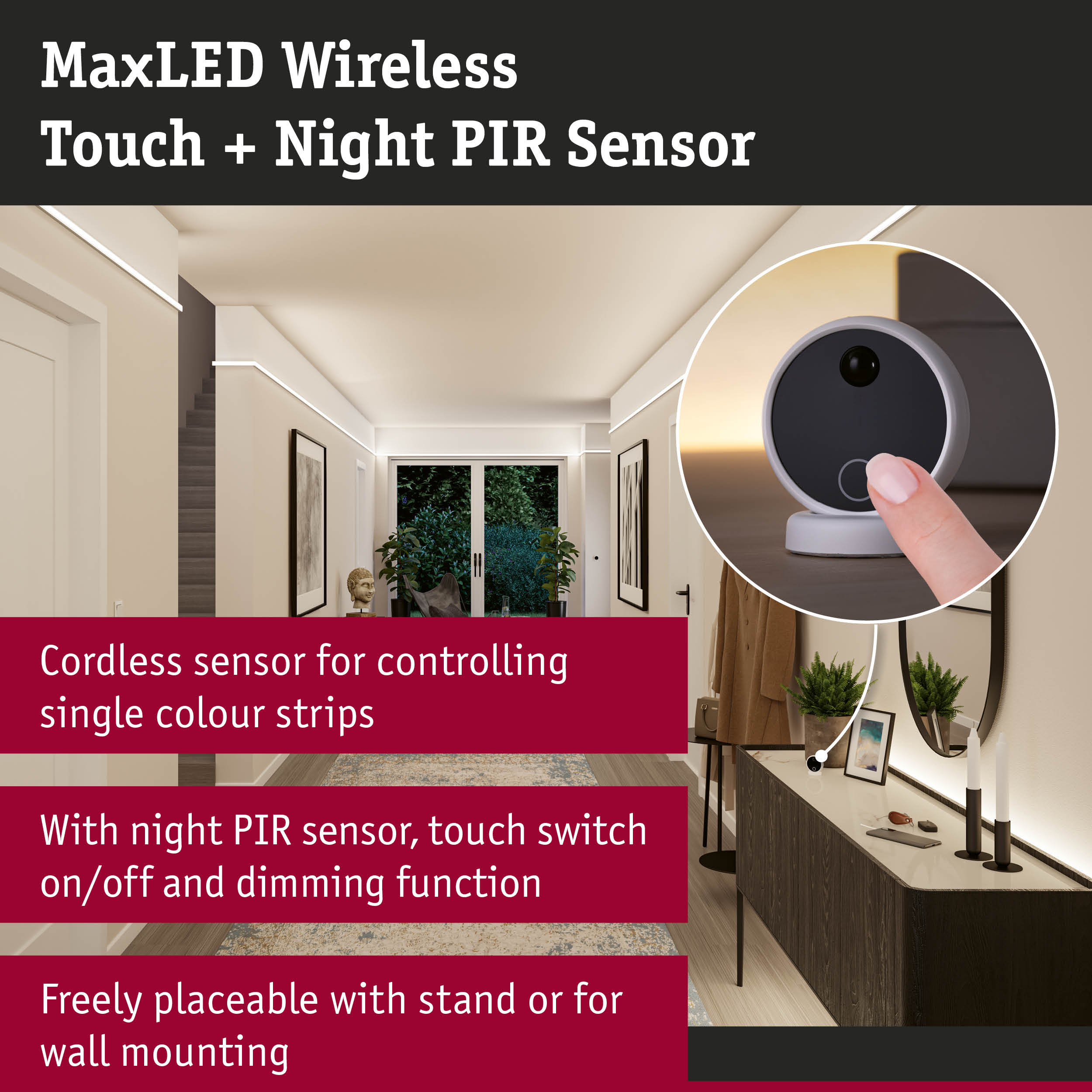 Grey MaxLED Wireless sensor with touch and night PIR for controlling LED light strips
