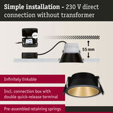 Black recessed spotlight with gold interior, 55 mm depth, simple 230 V direct connection without transformer