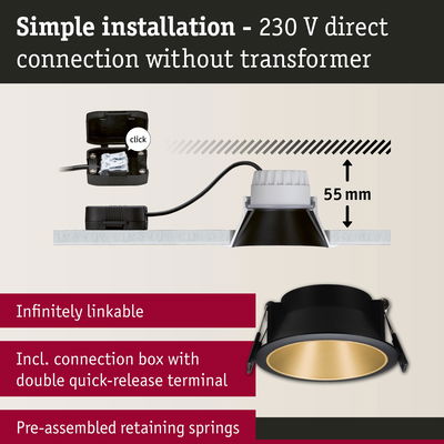 Black recessed spotlight with gold interior, 55 mm depth, simple 230 V direct connection without transformer